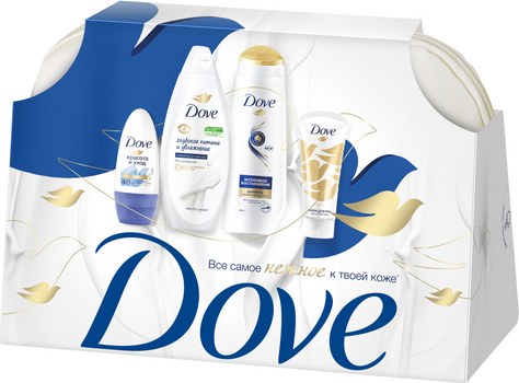 Изображение товара Набор косметики для тела и волос Dove Нежнее к твоей коже Шампунь+Гель д/душа+Дезодорант+Крем д/рук (2x250мл+50мл+50мл, с косметичкой)