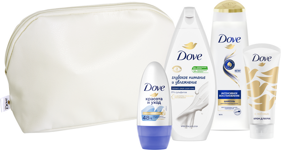 Изображение товара Набор косметики для тела и волос Dove Нежнее к твоей коже Шампунь+Гель д/душа+Дезодорант+Крем д/рук (2x250мл+50мл+50мл, с косметичкой)