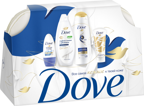 Изображение товара Набор косметики для тела и волос Dove Нежнее к твоей коже Шампунь+Гель д/душа+Дезодорант+Крем д/рук (2x250мл+50мл+50мл, с косметичкой)