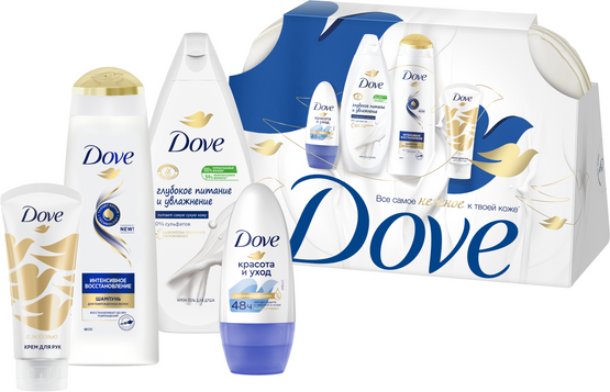 Изображение товара Набор косметики для тела и волос Dove Нежнее к твоей коже Шампунь+Гель д/душа+Дезодорант+Крем д/рук (2x250мл+50мл+50мл, с косметичкой)