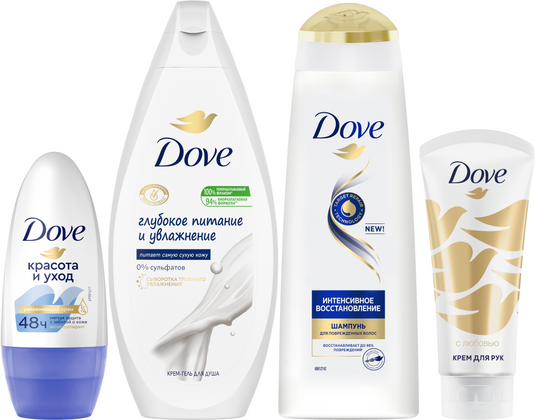 Изображение товара Набор косметики для тела и волос Dove Нежнее к твоей коже Шампунь+Гель д/душа+Дезодорант+Крем д/рук (2x250мл+50мл+50мл, с косметичкой)