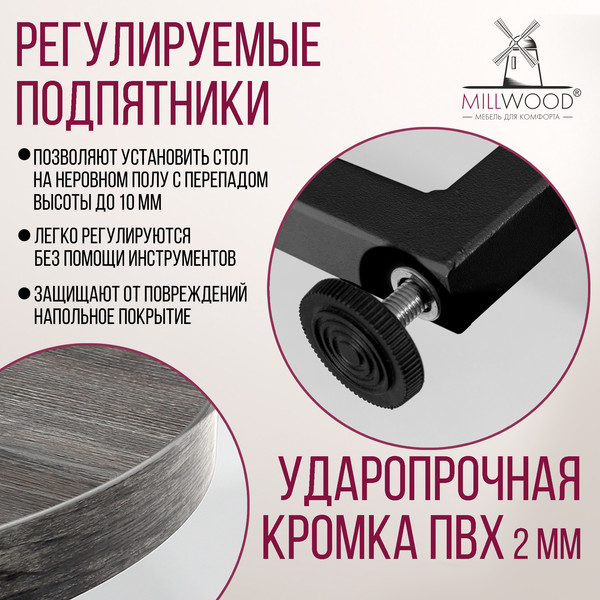 Изображение товара Обеденный стол Millwood Лофт Лондон D1000 (Л) раздвижной / 100-140x100x76 (сосна пасадена/металл черный)