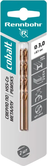 Изображение товара Набор сверл Rennbohr 3.0х61мм Power-Cobalt Р6М5К5 / 668030 (2шт)
