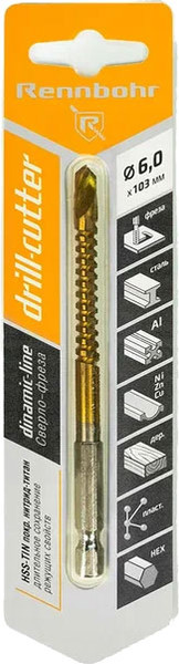 Изображение товара Сверло Rennbohr Drill-Cutter 6х103мм HSS-TIN HEX1/4 E6.3 / 672206