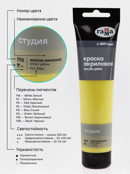Изображение товара Акриловая краска ГАММА Студия / 2802110098 (110мл, желтый лимонный)