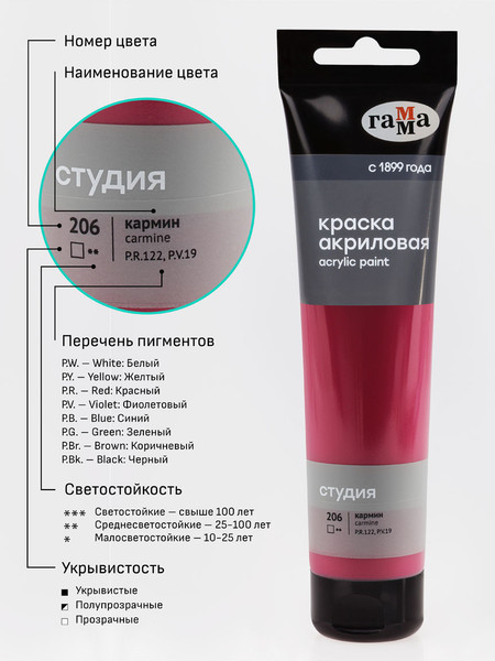 Изображение товара Акриловая краска ГАММА Студия / 2802110206 (110мл, кармин)