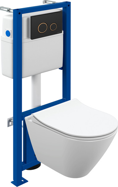 Изображение товара Унитаз подвесной с инсталляцией Cersanit City Smart CO DPL EO Slim + Link PRO / 68308 (с кнопкой Twins черный матовый/золото)