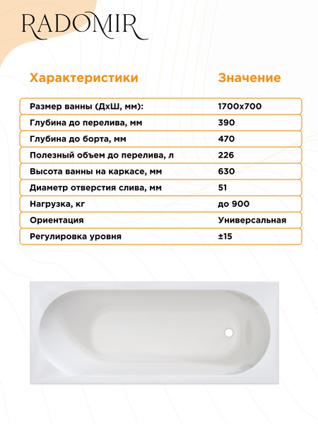 Изображение товара Ванна акриловая Radomir Вальс 170x75 / 1-01-0-0-1-337