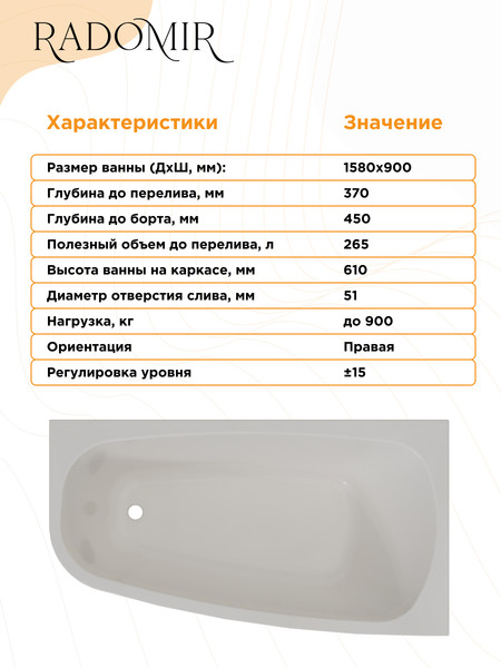 Изображение товара Ванна акриловая Radomir Рона 158x90 / 1-01-0-2-1-343 (правый)