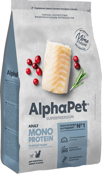 Изображение товара Сухой корм для кошек AlphaPet Monoprotein с белой рыбой / 121351 (400г)