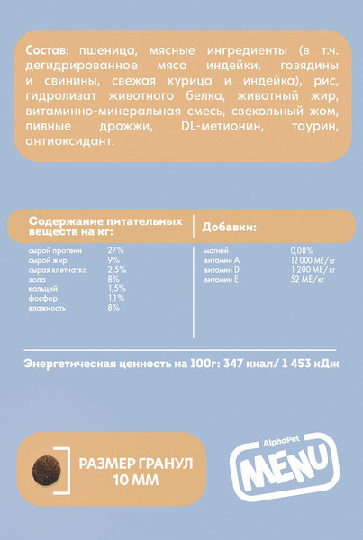 Изображение товара Сухой корм для кошек AlphaPet Menu для стерилизованных с птицей / 130005 (10кг)