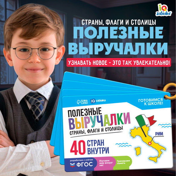 Изображение товара Развивающие карточки Zabiaka IQ Полезные выручалки. Страны, флаги и столицы / 10182975