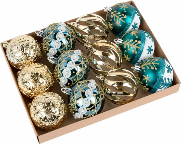 Изображение товара Набор шаров новогодних Золотая сказка 592176 (12шт, бирюзовый/золотой)
