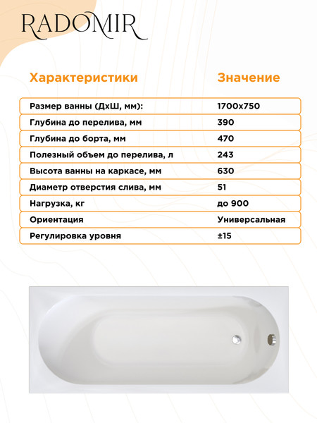 Изображение товара Ванна акриловая Radomir Вальс 170x75 / 1-01-2-0-1-337К