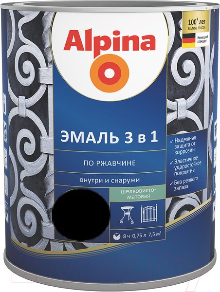 Изображение товара Эмаль Alpina По ржавчине 3 в 1 RAL9005 (750мл, шелковисто-матовый черный)