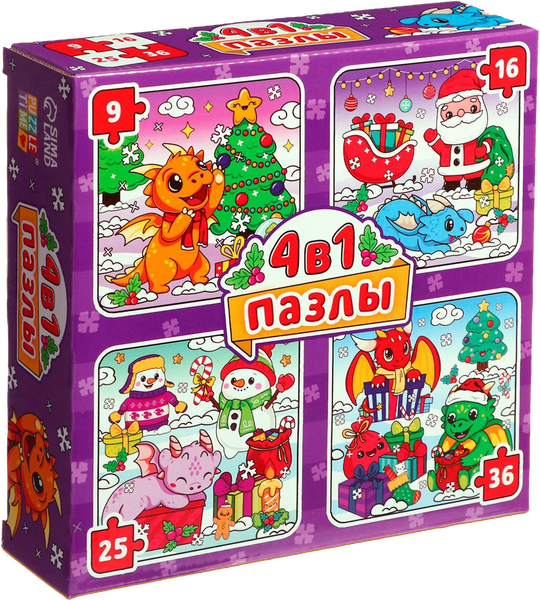 Изображение товара Набор пазлов Puzzle Time Дракончики дарят подарки. 4 в 1 / 9495486