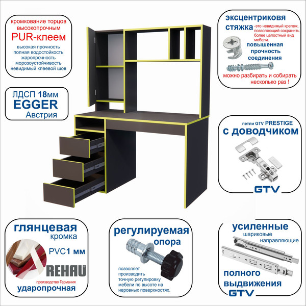 Изображение товара Письменный стол ВерсоМебель СП-3 Премиум 1610x1200-626 (антрацит/зеленый)