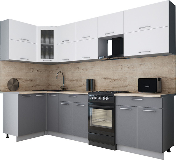Изображение товара Кухонный гарнитур Интерлиния Мила Gloss 50-12x28 (белый/серый/травертин серый)