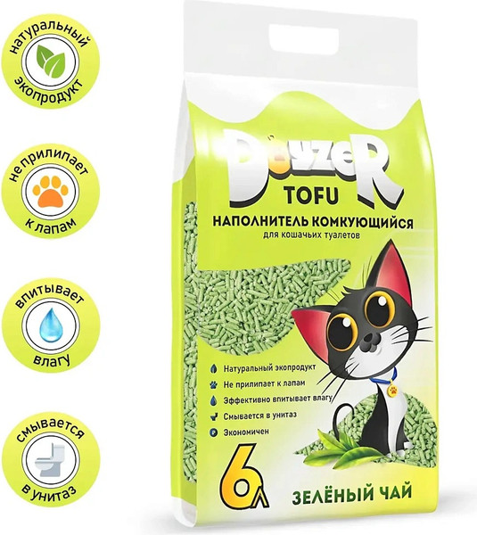 Изображение товара Наполнитель для туалета Doyzer Tofu Зеленый чай Комкующийся (6л/2.5кг)