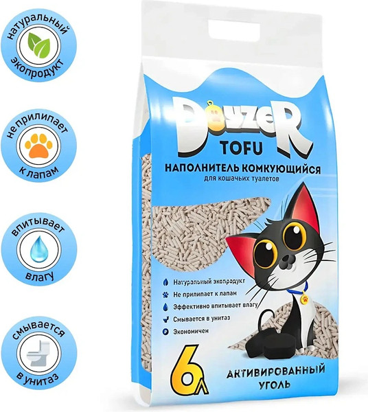 Изображение товара Наполнитель для туалета Doyzer Tofu Активированный уголь Комкующийся (6л/2.5кг)