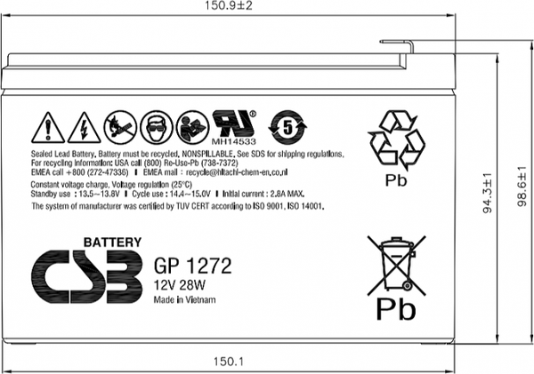 Изображение товара Аккумуляторная батарея CSB GP 1272 F2 28W (12V/7.2Ah)
