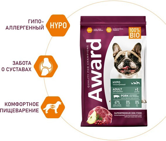 Изображение товара Сухой корм для собак Award Adult Hypo со свининой с добавлением брусники / 2543561 (12кг)