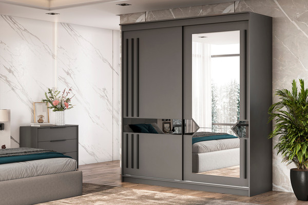 Изображение товара Шкаф-купе NN мебель К №25 2.0м Блэк Лайт (графит серый/лакобель/черный матовый)