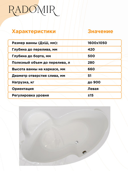 Изображение товара Ванна акриловая Radomir Ирма Релакс 160x105 с полотенцедержателем / 2-80-2-1-0-229 (с гидромассажем, левый)