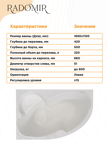 Изображение товара Ванна акриловая Radomir Ирма Стандарт 169x110 с полотенцедержателем / 2-79-2-1-0-217 (с гидромассажем, левый)