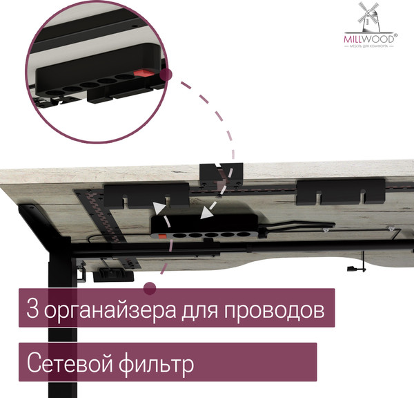 Изображение товара Стол с подъемным механизмом Millwood Подъемный Смарт с вырезом 160x80 (дуб белый Craft/металл черный)
