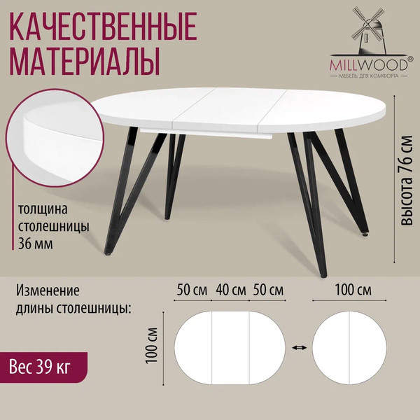 Изображение товара Обеденный стол Millwood Женева 3 Л раздвижной D100-140x100x76 (белый металл/металл черный)