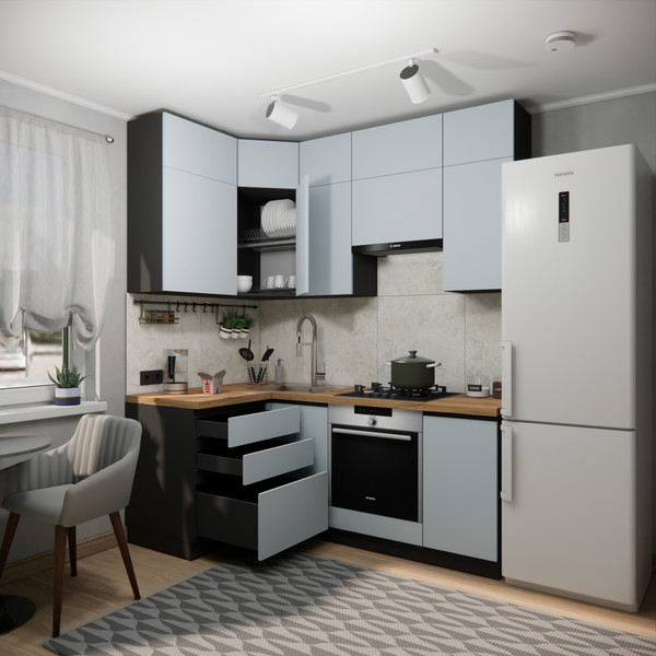 Изображение товара Кухонный гарнитур ВерсоМебель Эко Премиум 1.2x2.0 левая (сумеречный голубой/ст. дуб вотан)