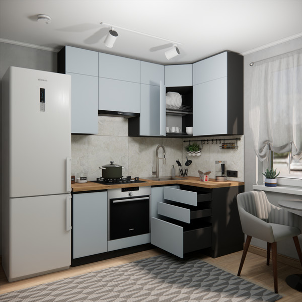 Изображение товара Кухонный гарнитур ВерсоМебель Эко Премиум 1.2x2.0 правая (сумеречный голубой/ст. дуб вотан)