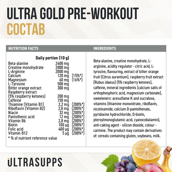 Изображение товара Предтренировочный комплекс Ultrasupps Ультра Голд (200г, мультифрукт)