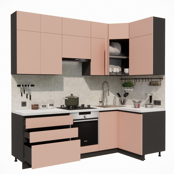 Изображение товара Кухонный гарнитур ВерсоМебель Эко Премиум 1.2x2.4 правая (пудровый/ст. мрамор лацио)