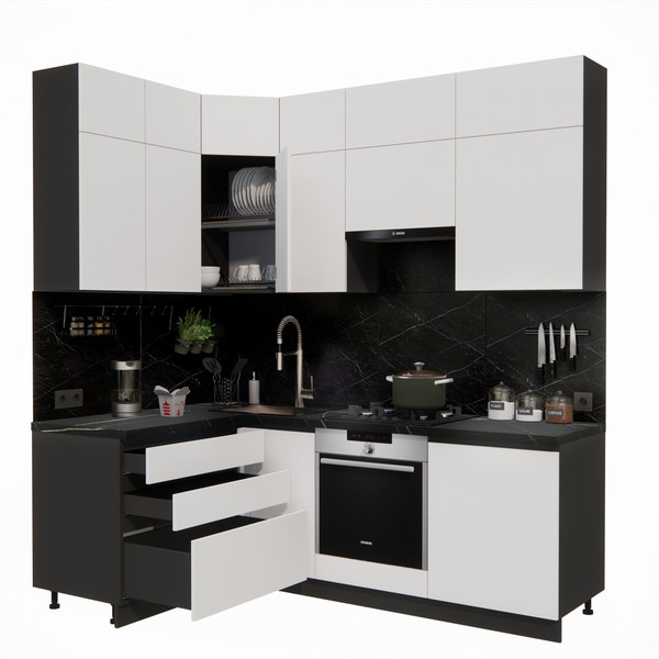 Изображение товара Кухонный гарнитур ВерсоМебель Эко Премиум 1.4x2.2 левая (белый фасадный/ст. тунис)