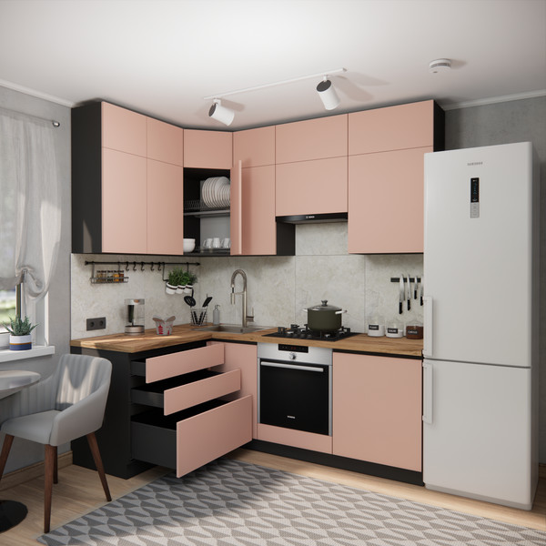 Изображение товара Кухонный гарнитур ВерсоМебель Эко Премиум 1.4x2.2 левая (пудровый/ст. дуб вотан)
