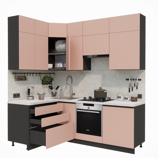 Изображение товара Кухонный гарнитур ВерсоМебель Эко Премиум 1.4x2.2 левая (пудровый/ст. мрамор лацио)