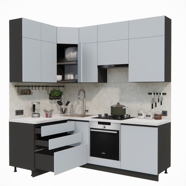 Изображение товара Кухонный гарнитур ВерсоМебель Эко Премиум 1.4x2.2 левая (сумеречный голубой/ст. мрамор лацио)