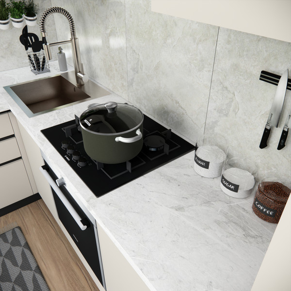 Изображение товара Кухонный гарнитур ВерсоМебель Эко Премиум 1.4x2.7 левая (белый фасадный/ст. мрамор лацио)