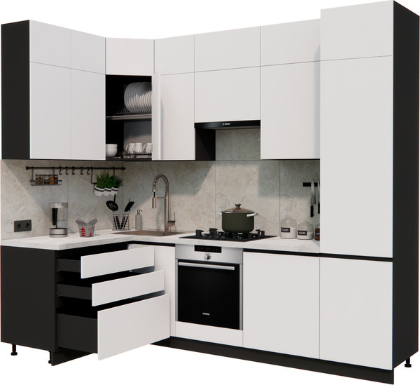 Изображение товара Кухонный гарнитур ВерсоМебель Эко Премиум 1.4x2.7 левая (белый фасадный/ст. мрамор лацио)