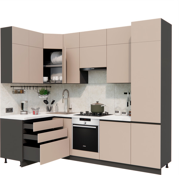 Изображение товара Кухонный гарнитур ВерсоМебель Эко Премиум 1.4x2.7 левая (глиняный серый/ст. мрамор лацио)