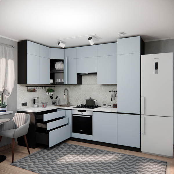 Изображение товара Кухонный гарнитур ВерсоМебель Эко Премиум 1.4x2.7 левая (сумеречный голубой/ст. мрамор лацио)