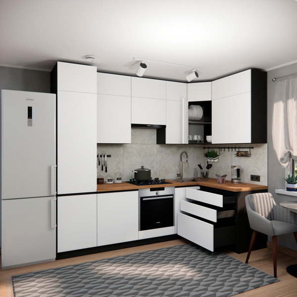 Изображение товара Кухонный гарнитур ВерсоМебель Эко Премиум 1.4x2.7 правая (белый фасадный/ст. дуб вотан)