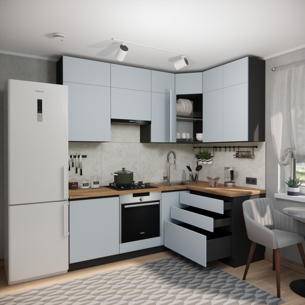 Изображение товара Кухонный гарнитур ВерсоМебель Эко Премиум 1.4x2.2 правая (сумеречный голубой/ст. дуб вотан)