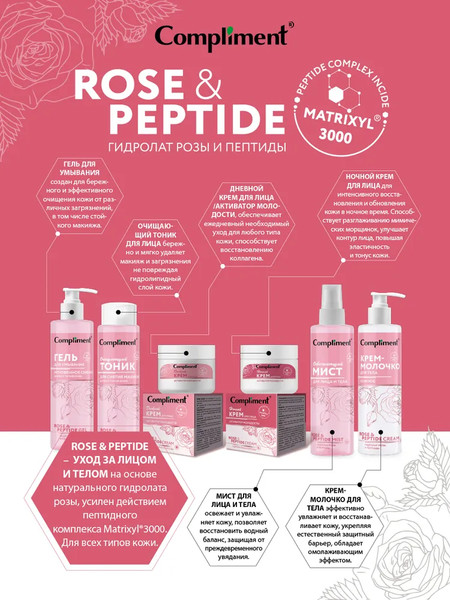 Изображение товара Гель для умывания Compliment Rose&Peptide Мгновенное сияние для всех типов (200мл)