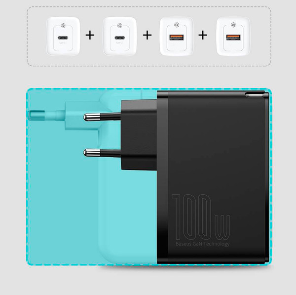 Изображение товара Зарядное устройство сетевое Baseus GaN5 100W 2xUSB-C/2xUSB-A / BAS-P10110302827Z1 (черный, с кабелем)