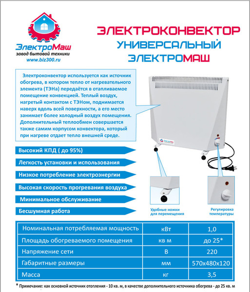 Изображение товара Конвектор Электромаш 1.0 (1000 Вт, до 10 м2)