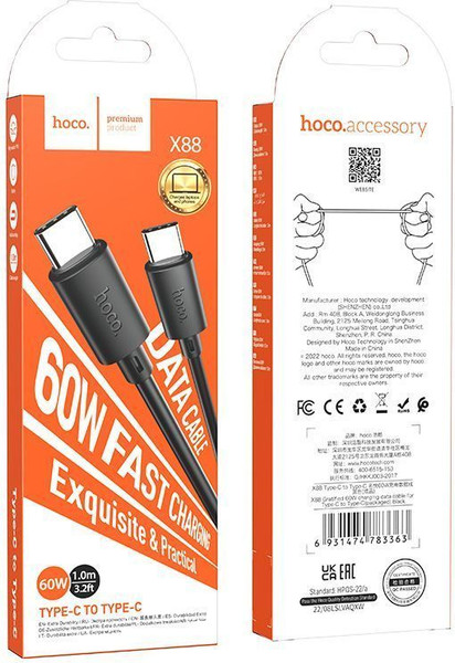 Изображение товара Кабель Hoco X88 Type-C to Type-C (1м, черный)