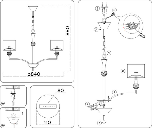 Изображение товара Люстра Ambrella LH71123/8 SN/WH (никель/белый)